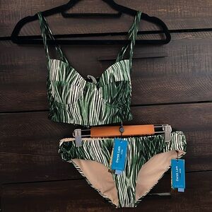 Derek Lam  NWT Woodgrain Green Black & White 2 Piece Bikini Size XS Top&Bottom